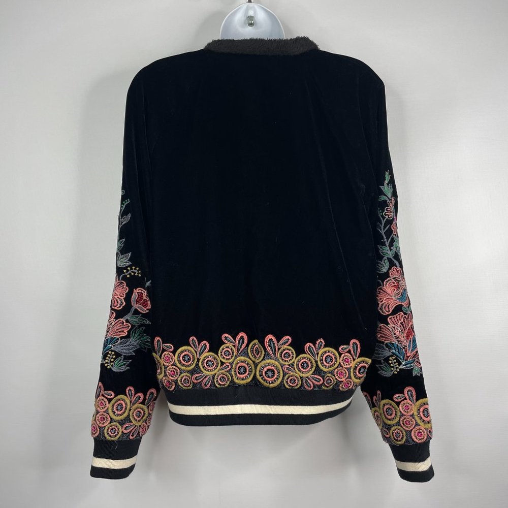 Elevenses Hallie Velvet Bomber Jacket Size S Black Floral Embroidered Beaded - Picture 5 of 8